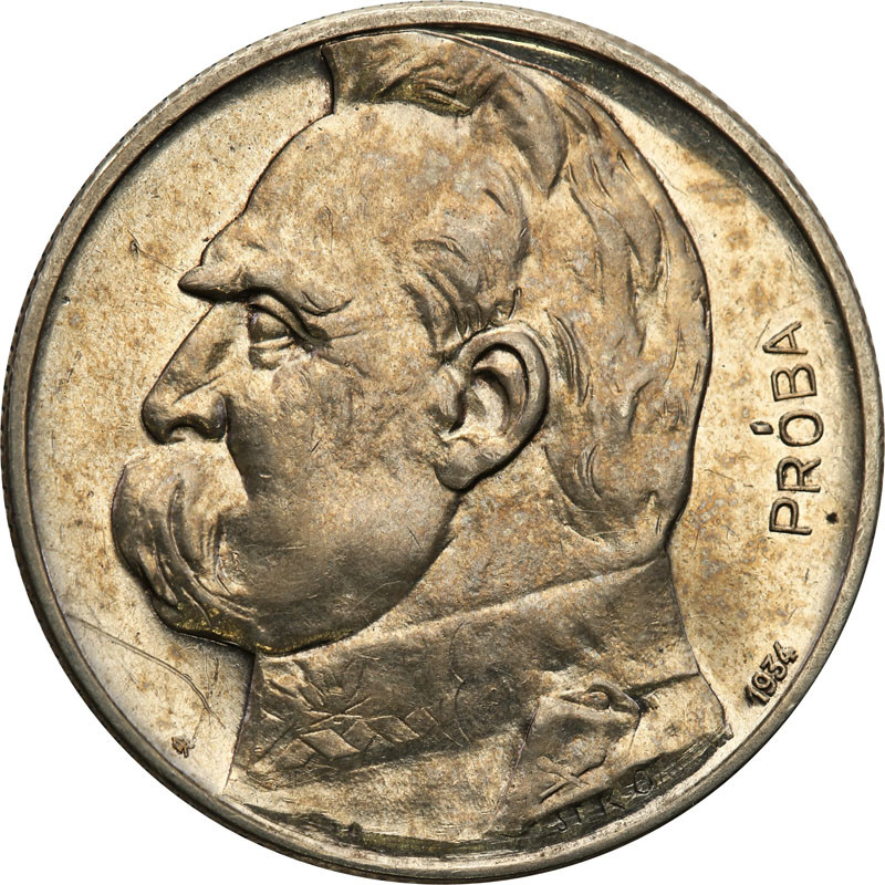 II RP. PRÓBA srebro 5 złotych 1934 Piłsudski, orzeł strzelecki, stempel zwykły - RZADKOŚĆ